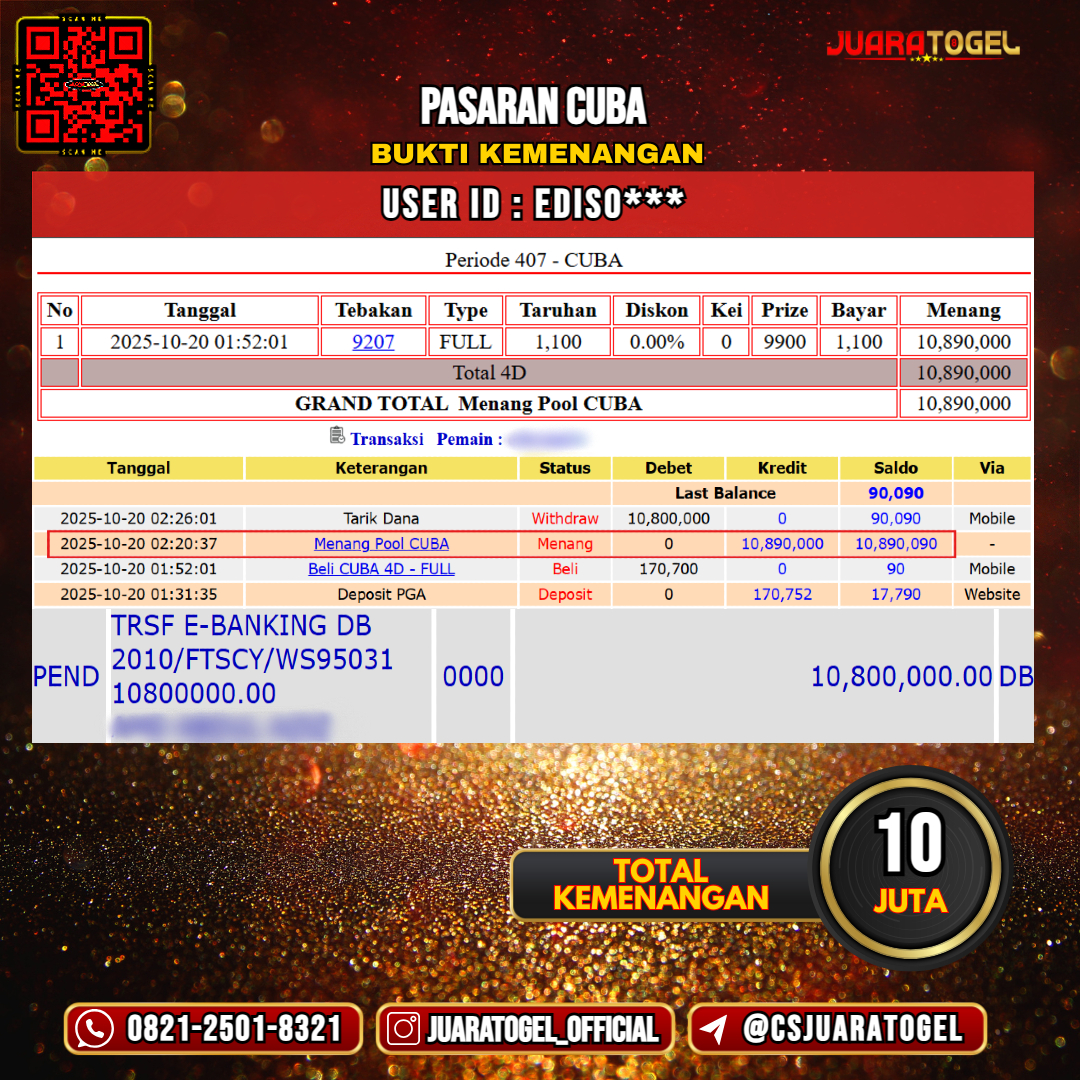  JUARATOGEL JACKPOT TOGEL PASARAN CUBA Rp 10.000.000,- LUNAS USER ID : EDISO***