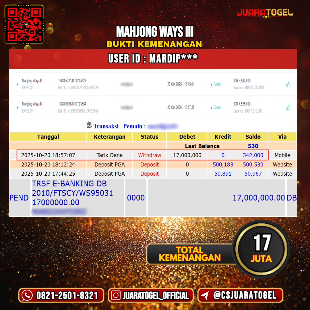 JUARATOGEL JACKPOT SLOT MAHJONG WAYS III Rp 17.000.000,- LUNAS USER ID: MARDIP***