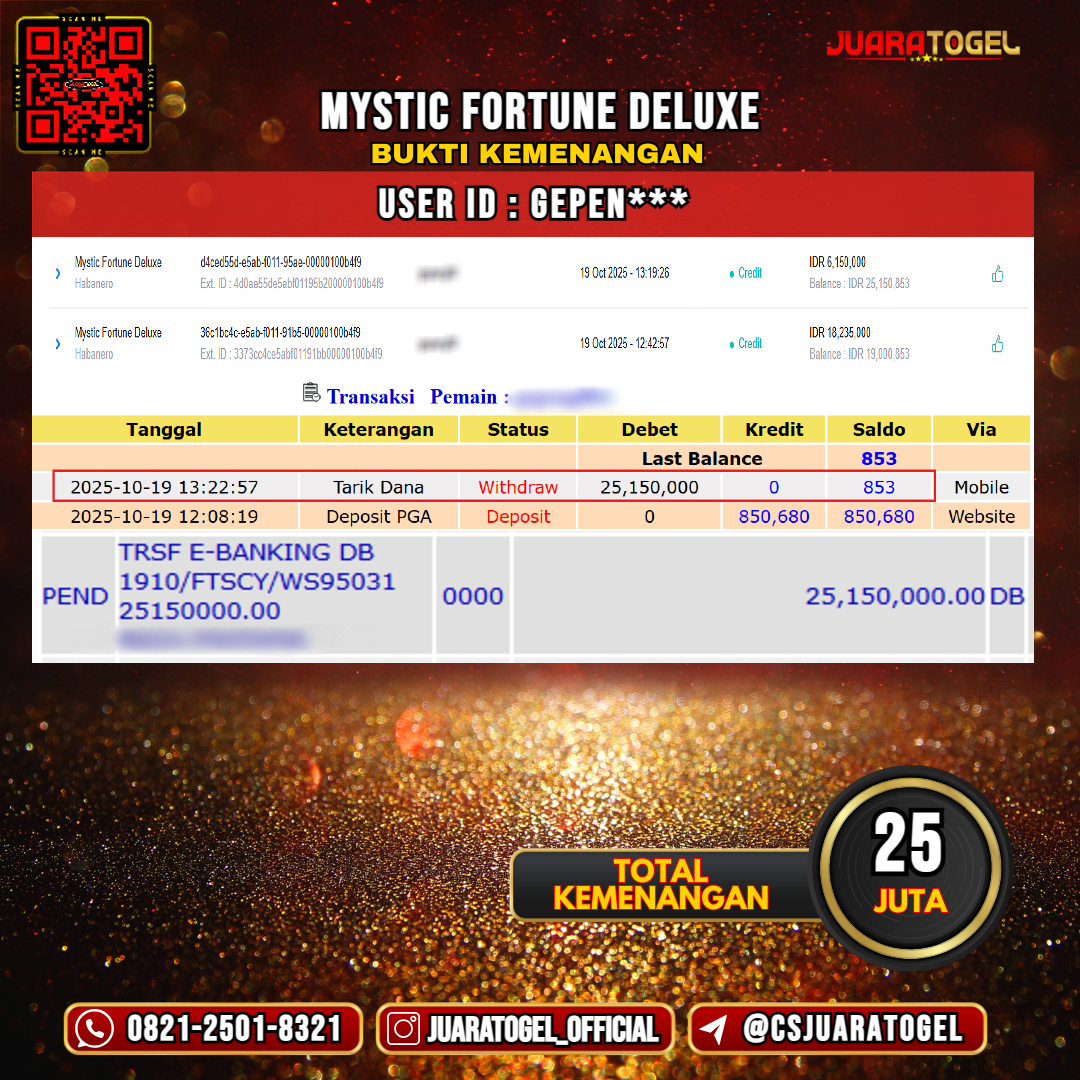 JUARATOGEL JACKPOT SLOT MYSTIC FORTUNE DELUXE Rp 25.000.000,- LUNAS USER ID: GEPEN***