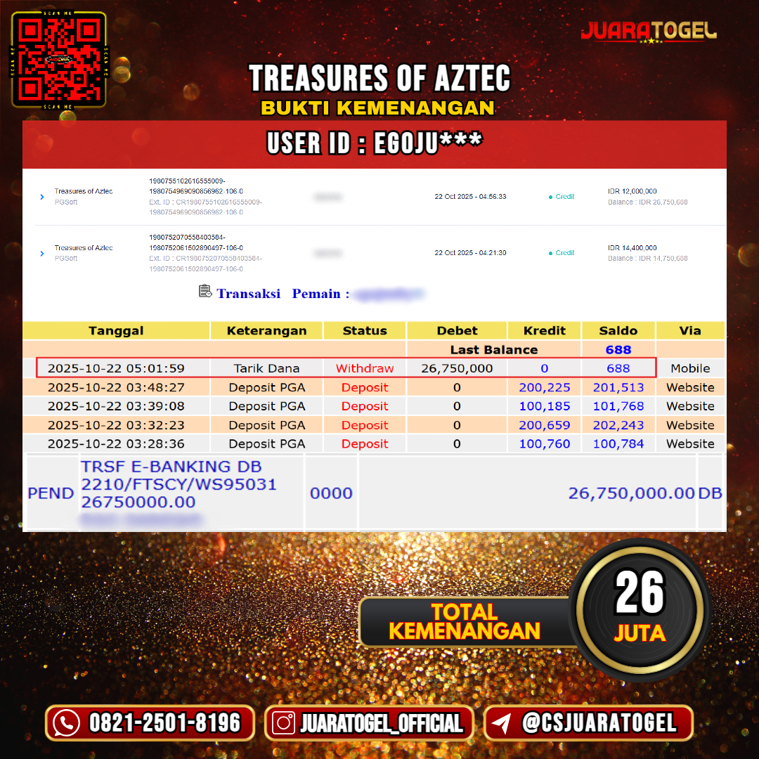 JUARATOGEL JACKPOT SLOT TREASURES OF AZTEC Rp 26.000.000,- LUNAS USER ID: EGOJU***