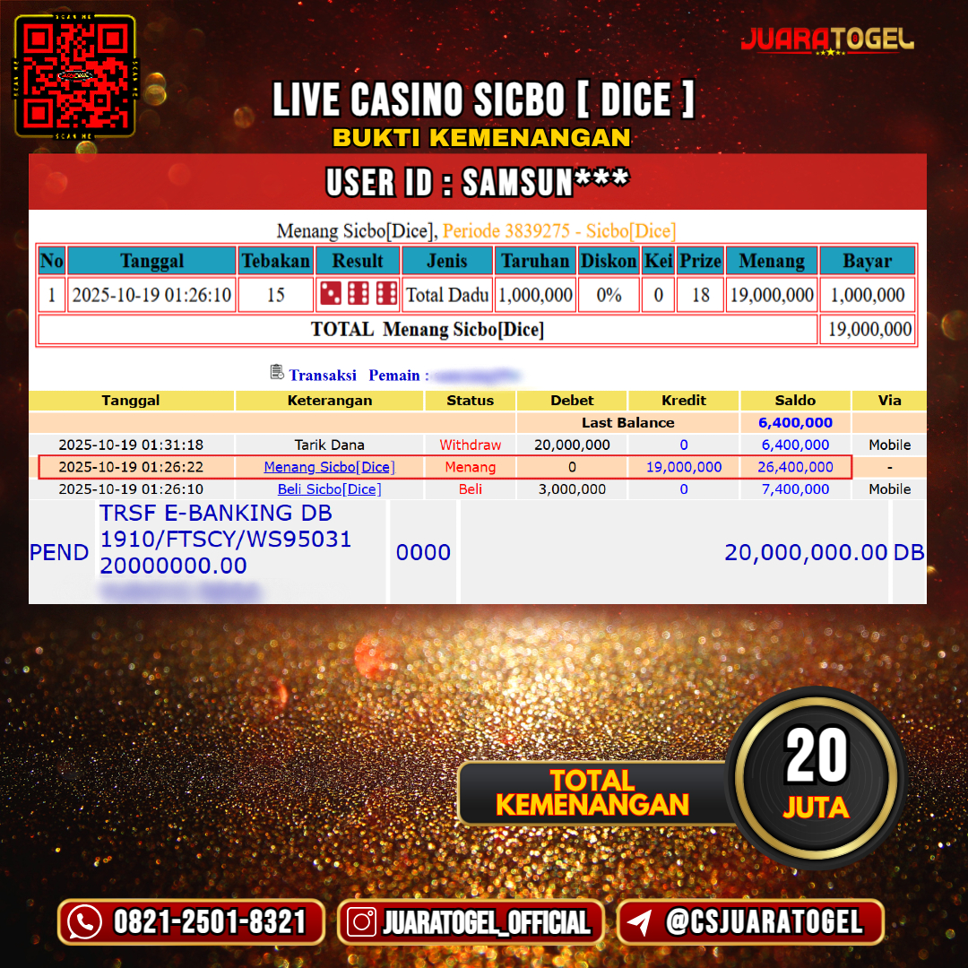  JUARATOGEL JACKPOT LIVE CASINO SICBO [ DICE ] Rp 20.000.000,- LUNAS USER ID: SAMSUN***