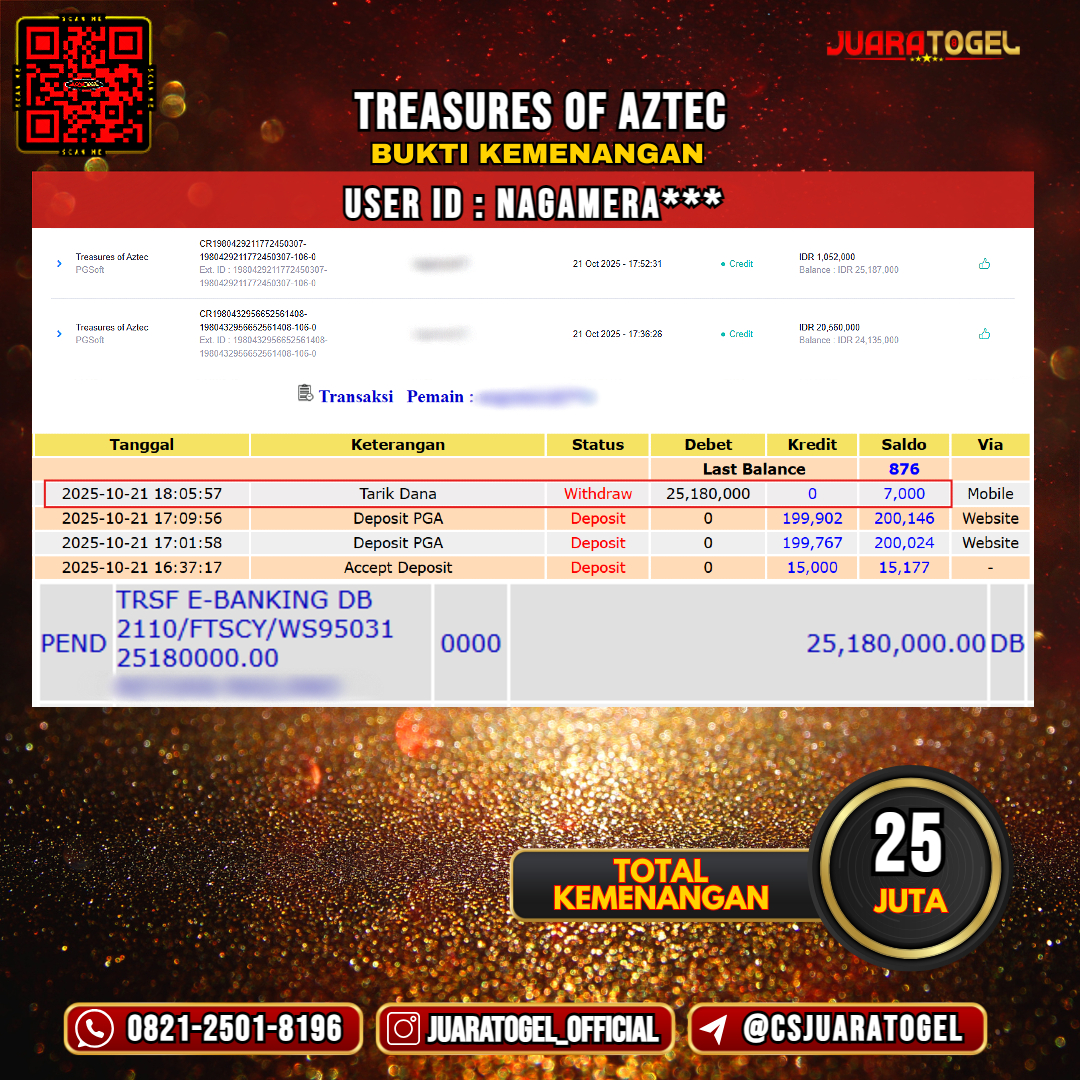 JUARATOGEL JACKPOT SLOT TREASURES OF AZTEC Rp 25.000.000,- LUNAS USER ID: NAGAMERA***