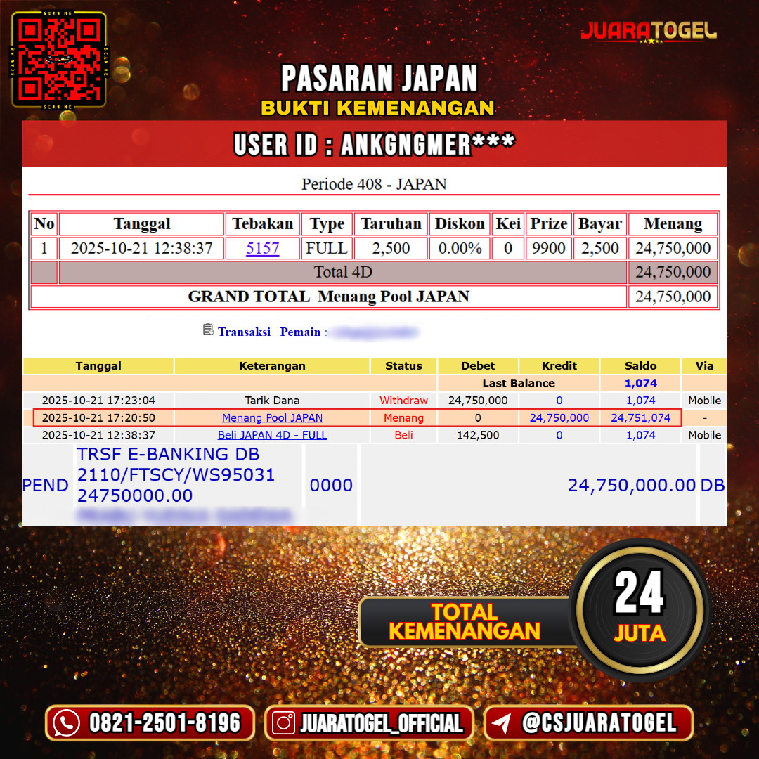 JUARATOGEL JACKPOT TOGEL PASARAN JAPAN Rp 24.000.000,- LUNAS USER ID: ANKGNGMER***