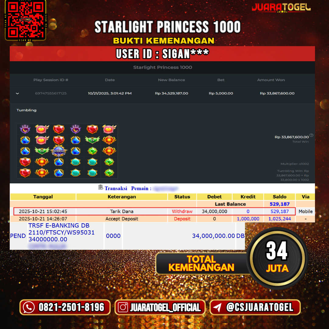 JUARATOGEL JACKPOT SLOT STARLIGHT PRINCESS 1000 Rp 34.000.000,- LUNAS USER ID: SIGAN***