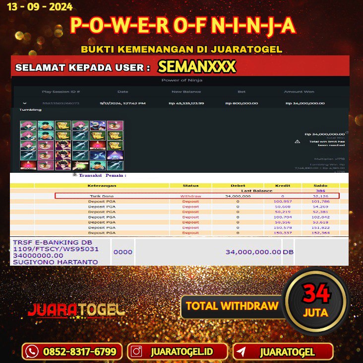 JUARATOGEL JACKPOT SLOT POWER OF NINJA Rp.34.000.000,- LUNAS