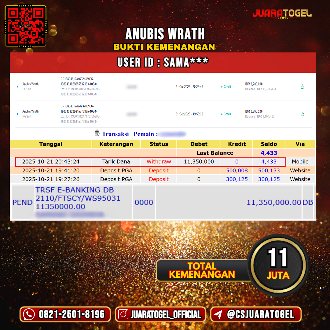 JUARATOGEL JACKPOT SLOT ANUBIS WRATH Rp 11.000.000,- LUNAS USER ID: SAMA***
