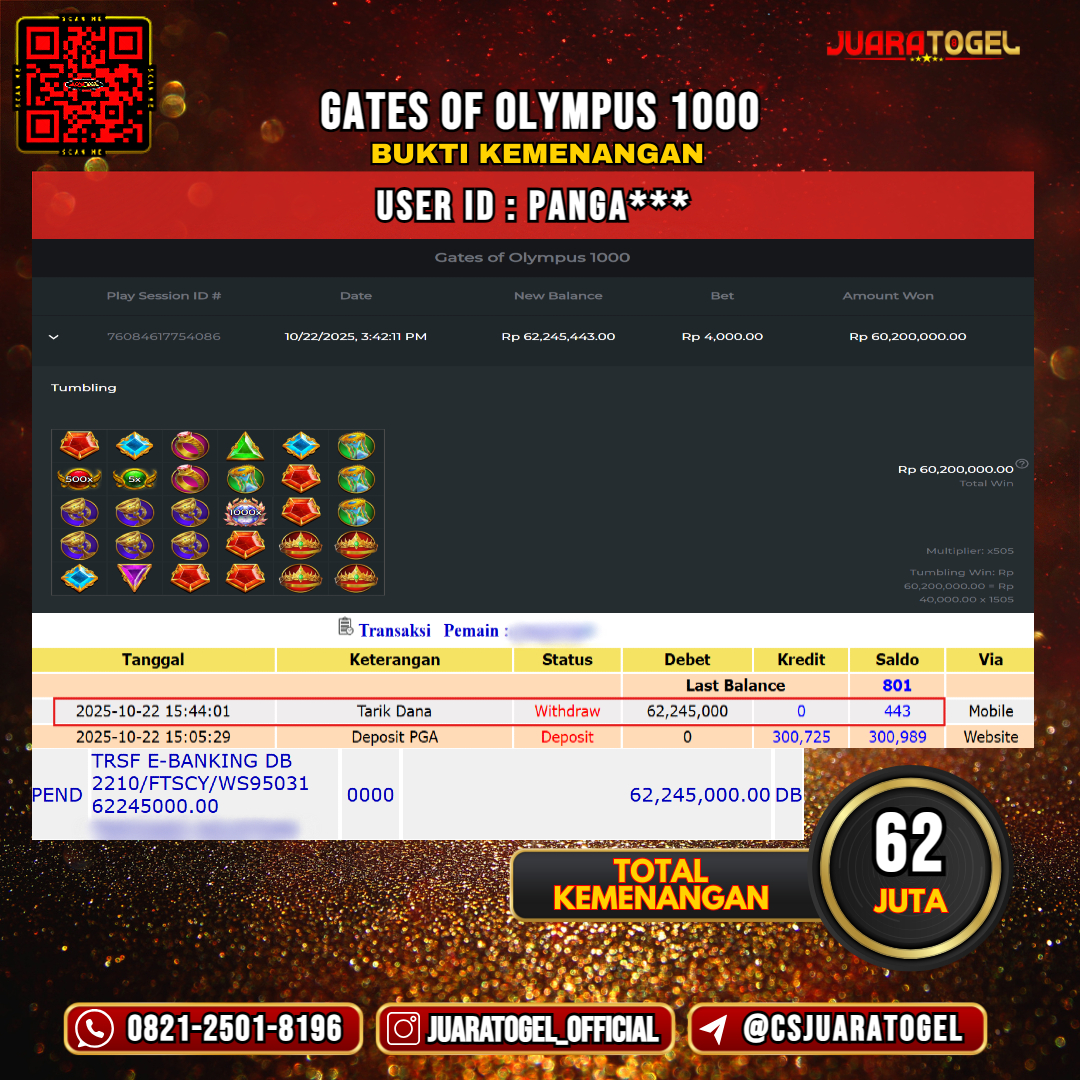 JUARATOGEL JACKPOT SLOT GATES OF OLYMPUS 1000 Rp 62.000.000,- LUNAS USER ID: PANGA***