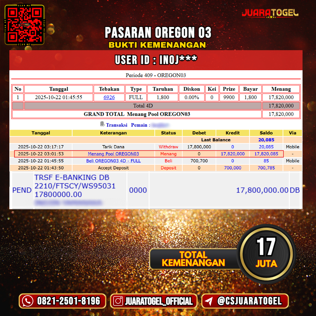 JUARATOGEL JACKPOT TOGEL PASARAN OREGON 03 Rp 17.000.000,- LUNAS USER ID: INOJ***